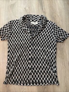 San Francisco Work Shirts Geometric Crochet Camp Shirt Small Black White boho